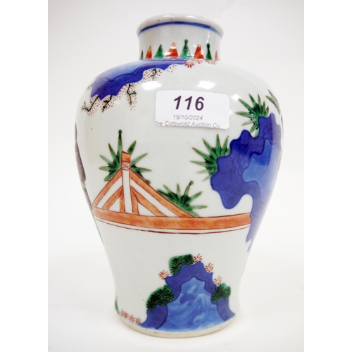 116 - Chinese porcelain baluster 'Wucai' vase, unmarked, painted in the Transitional style with figures ho... 