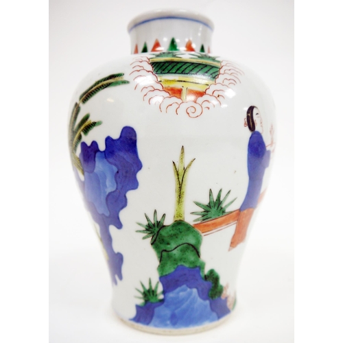 116 - Chinese porcelain baluster 'Wucai' vase, unmarked, painted in the Transitional style with figures ho... 