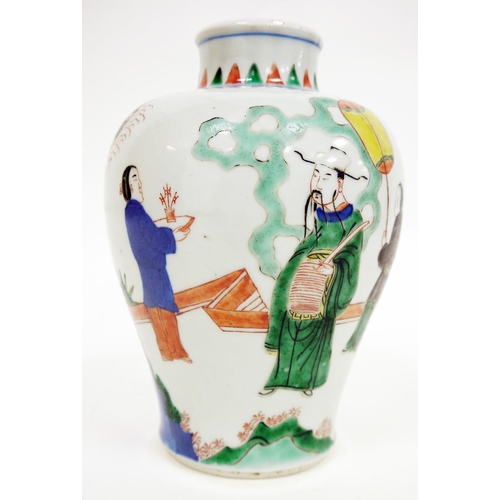 116 - Chinese porcelain baluster 'Wucai' vase, unmarked, painted in the Transitional style with figures ho... 