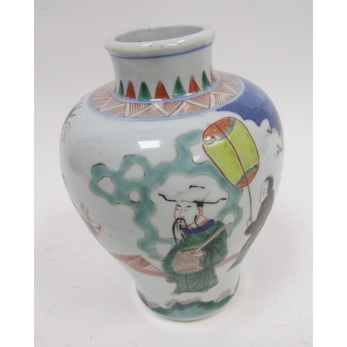 116 - Chinese porcelain baluster 'Wucai' vase, unmarked, painted in the Transitional style with figures ho... 