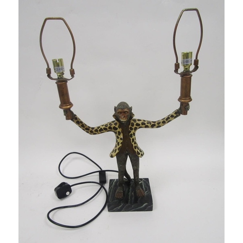 119 - In the manner of Bill Huebbe, two branch table lamp in the form of a monkey, 45cm high