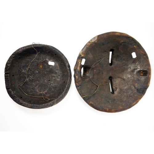 126 - Tribal shield wooden face mask with shell and bead inlay, possibly Congo Baluba, 31cm diameter toget... 