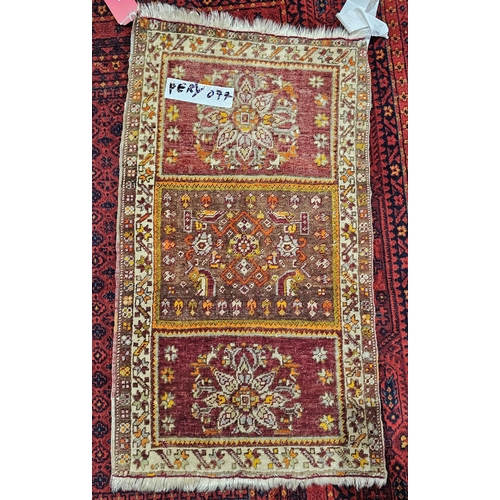 1376 - Antique Iranian small rug with three panels of interesting design and colours of reds, orange, yello... 