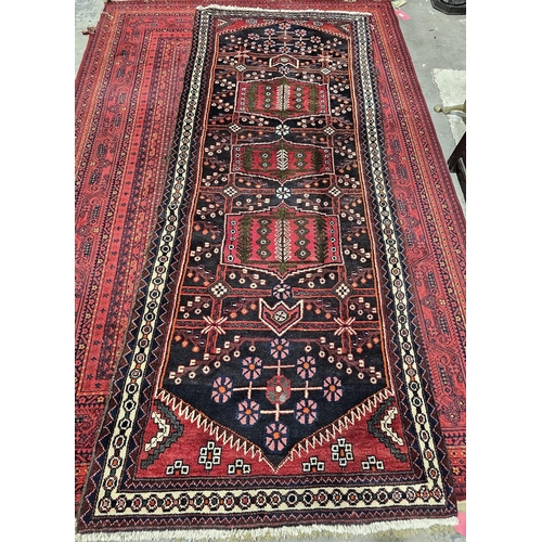 1381 - Iranian rug, very tribal to region, unusual pattern to centre with green, red, cream and brown with ... 