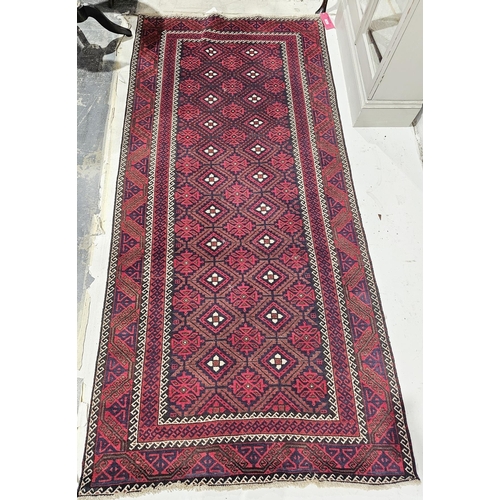 1382 - Red Iranian hand knotted runner in red, brown and cream diamond design with green on red and blue, 1... 