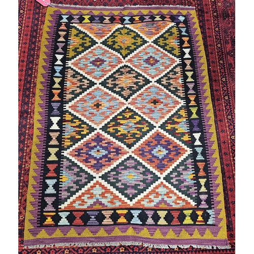 1386 - Hand knotted woollen multi-coloured geometric patterned Maimana kilim, 145cm x 104cm