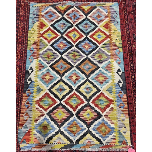 1387 - Hand knotted woollen multi-coloured geometric pattern Chobi kilim, 150cm x 100cm