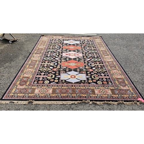 1388 - Very large Iranian rug with centre panels in turquoise, yellow and rust on dark background, with int... 