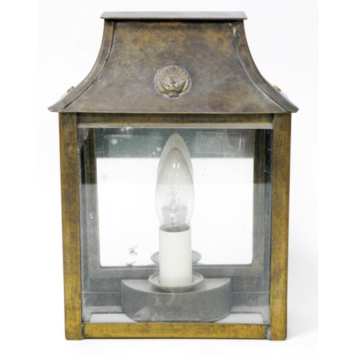 140 - Jim Lawrence brass wall hanging porch lantern with glass panels and mirrored back, 27cm high