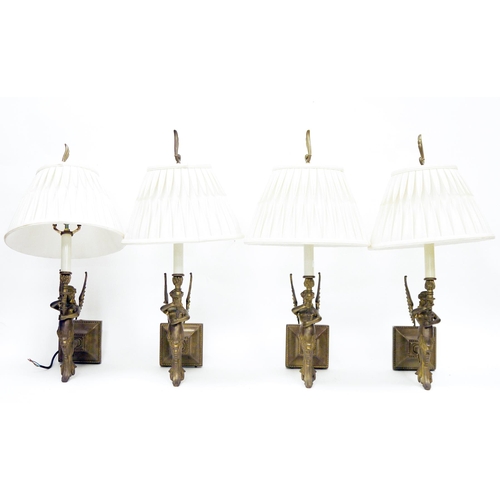 141 - Set of four Regency style brass wall lights, each cast in the form of a Melusine, a winged mermaid h... 