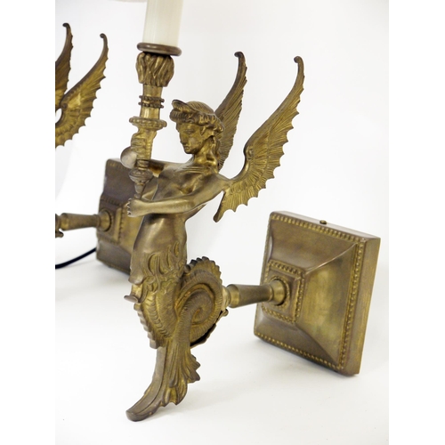 141 - Set of four Regency style brass wall lights, each cast in the form of a Melusine, a winged mermaid h... 