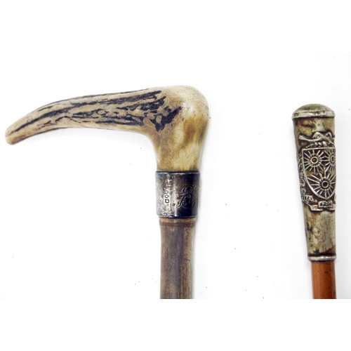 143 - Victorian hunting crop with antler handle and silver ferrule, London 1885, Henry Howell & Co (lackin... 