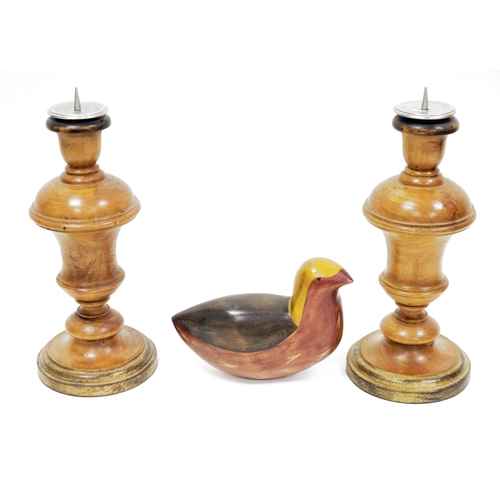 146 - Collection of wooden items including a pair of turned treen candle prickets with gilded bases, 34cm ... 