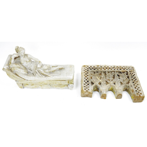 148 - 19th century carved alabaster figure of a semi-naked classical female reclining on a chaise longue (... 