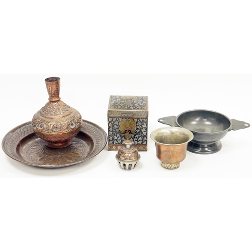 150 - Collection of metalware including an antique pewter quaich with touchmarks, a Persian white metal sq... 