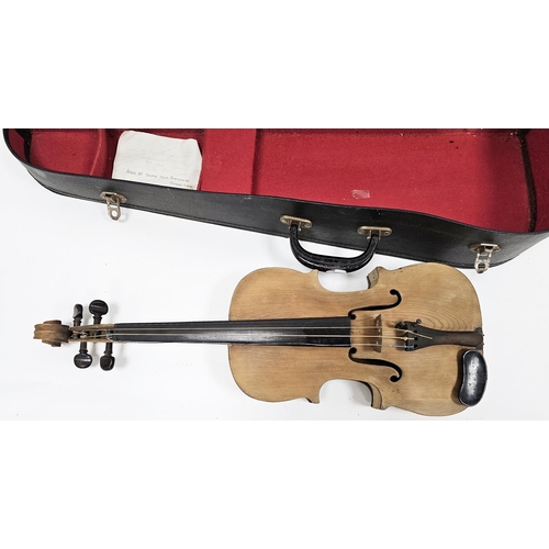 155 - Scratch or hand-made wooden violin with one-piece back, contained in a case with a hand written note... 