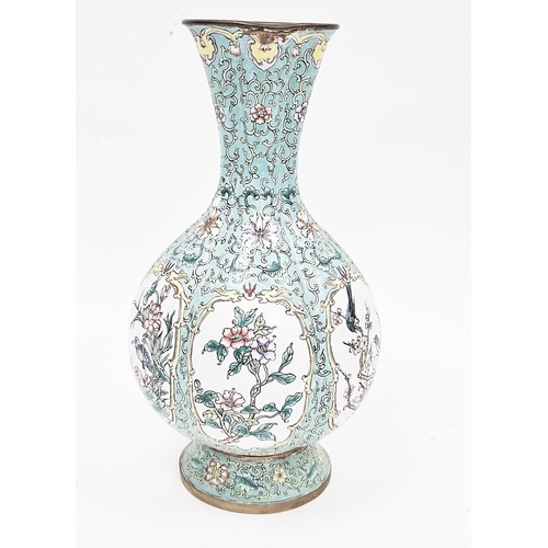 162 - Chinese enamel on copper baluster vase, the fluted body decorated with panels of birds, flowers and ... 