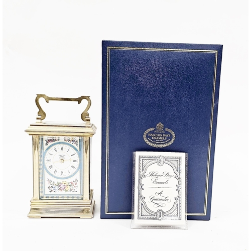 170 - Halcyon Days enamel brass cased 'Marie Antoinette' carriage clock, the enamel face decorated with fl... 