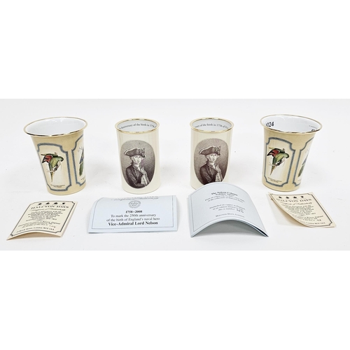 171 - Two pairs of Halcyon Days enamel beakers, the first pair having decoration from Edward Lear's book i... 