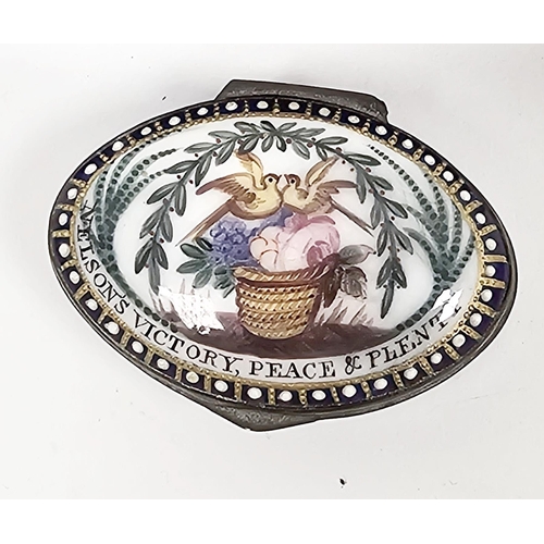 180 - Early 19th century Bilston enamel oval patchbox, the cover decorated with a basket of flowers and bi... 