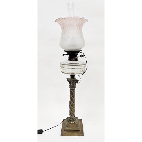 193 - Victorian brass oil lamp (later converted to electric) with opaque pink tinted glass shade, clear gl... 