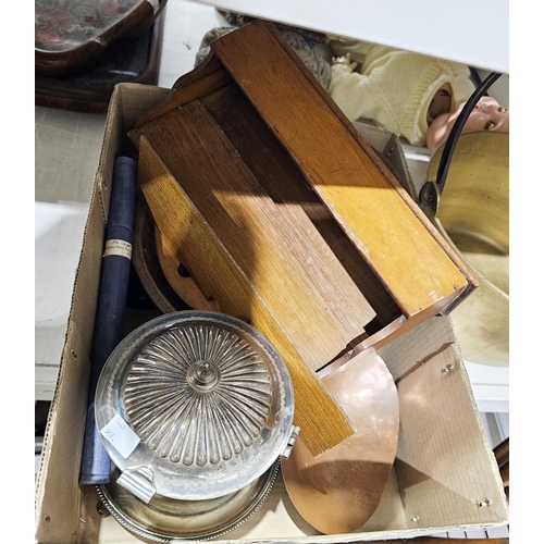 197 - Mixed lot of wooden items and metalware including silverplated biscuit barrel, brass jam pan, treen ... 