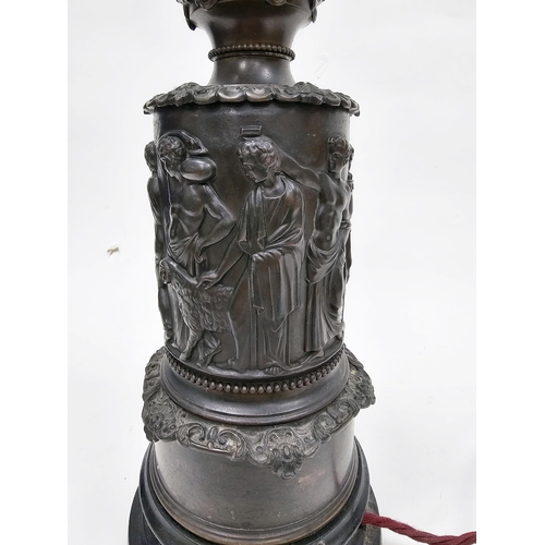 203 - Early 20th century French spelter table lamp, the sides with embossed decoration of classical figure... 