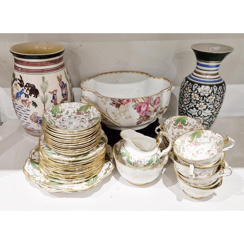 21 - 19th century English porcelain Rockingham-style part tea service with green, gilt and pink flower bo... 