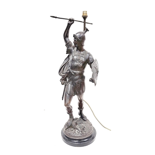 212 - Early 20th century spelter table lamp in the form of a Greek or Roman soldier holding a spear and a ... 