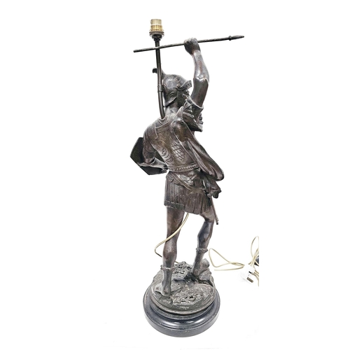 212 - Early 20th century spelter table lamp in the form of a Greek or Roman soldier holding a spear and a ... 