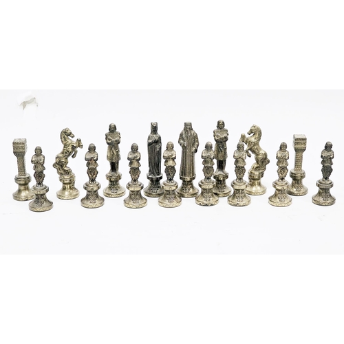 232 - Mid-century chess set in the manner of Brevettato, the silver and brass tone pieces in the form of I... 