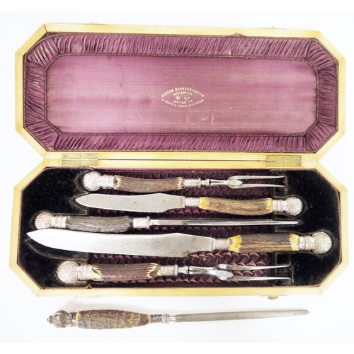 267 - Victorian five-piece ' Joseph Rodgers & Sons ' carving set with antler handles, the silver ferrules ... 