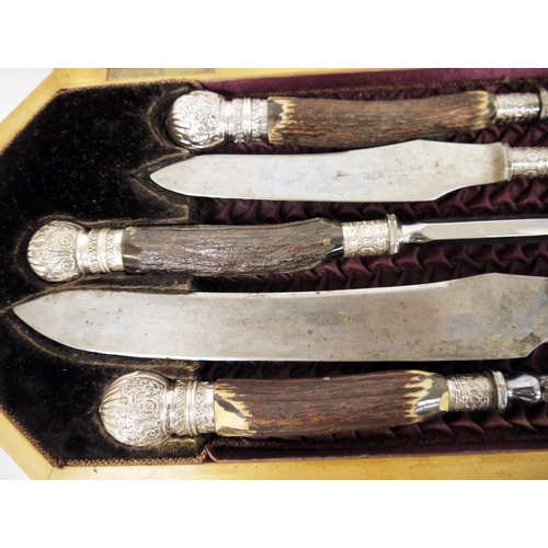 267 - Victorian five-piece ' Joseph Rodgers & Sons ' carving set with antler handles, the silver ferrules ... 