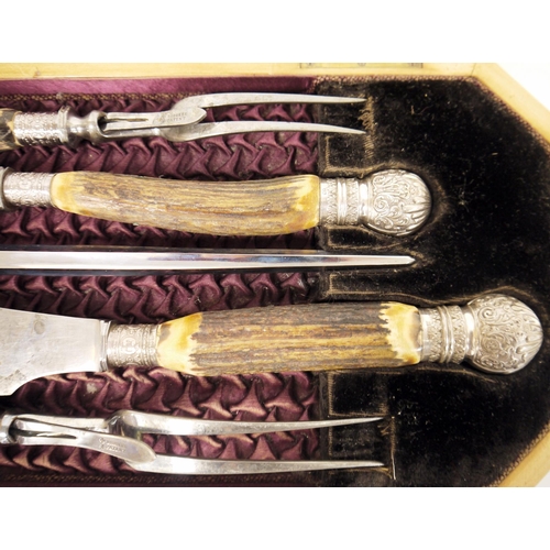 267 - Victorian five-piece ' Joseph Rodgers & Sons ' carving set with antler handles, the silver ferrules ... 