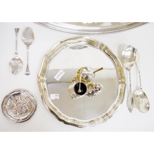 268 - Collection of white metal and silver plate including white metal pin tray with embossed decoration s... 