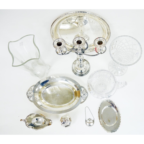 271 - Mixed lot of silver plate and glass items including an Elkington plate three branch candelabrum, Elk... 