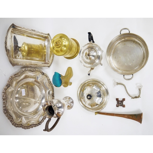 273 - Collection of silver plate and metalware including silver plate teapot, water jug, muffin dish, tray... 