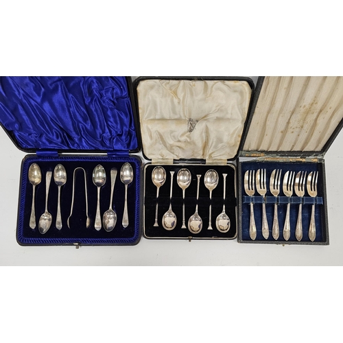 289 - Three cased sets of silver flatware including six teaspoon and sugar tong set, Sheffield 1924, Willi... 