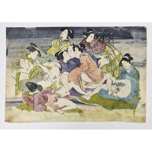 304 - Three Japanese Meiji Shunga woodblock erotic prints, on paper 32cm x 13cm (3) unframed