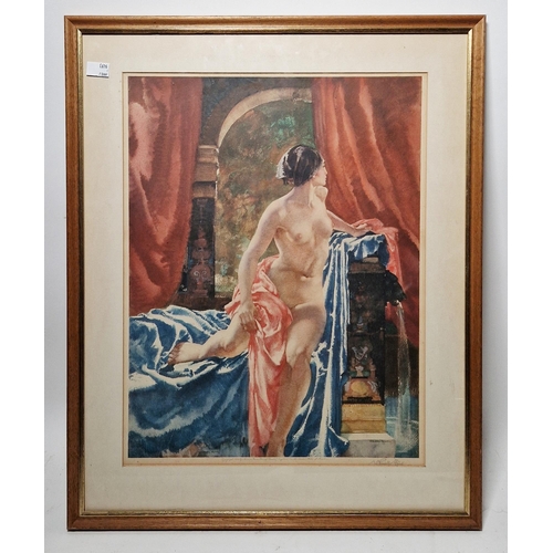 318 - After Sir William Russell Flint (1880-1969)
 Colour lithograph
 Seated female nude draped in pink si... 