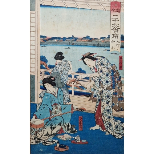 321 - Toyohara Kunichika (1835-1900)
 Woodblock print
 Two female musicians and another female in an inter... 