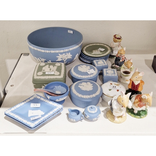 33 - Collection of Wedgwood blue and green jasper ware including a bowl, dishes, pots and covers, miniatu... 