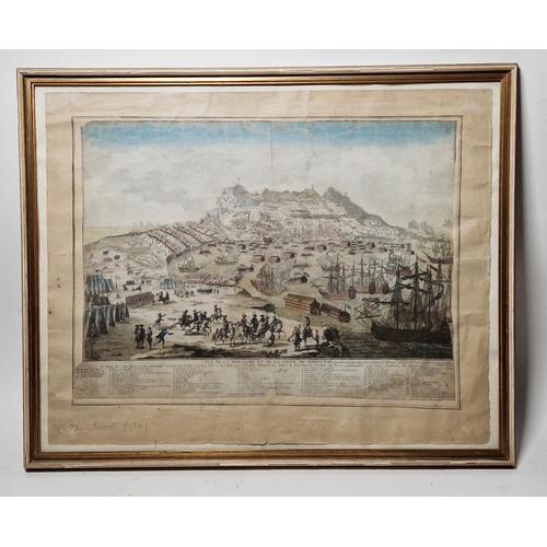 335A - 18th century French hand-coloured engraving 'View of the Rock and Town of Gibraltar during the Siege... 