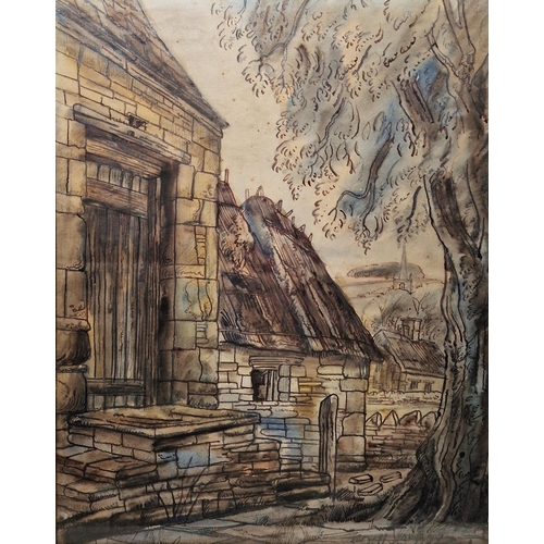 354 - Brigitte Heiliger-Kramm 
 Ink, pastel and wash 
 Buildings with fishing nets, signed lower right and... 