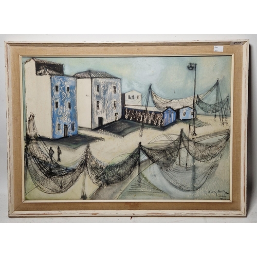 354 - Brigitte Heiliger-Kramm 
 Ink, pastel and wash 
 Buildings with fishing nets, signed lower right and... 