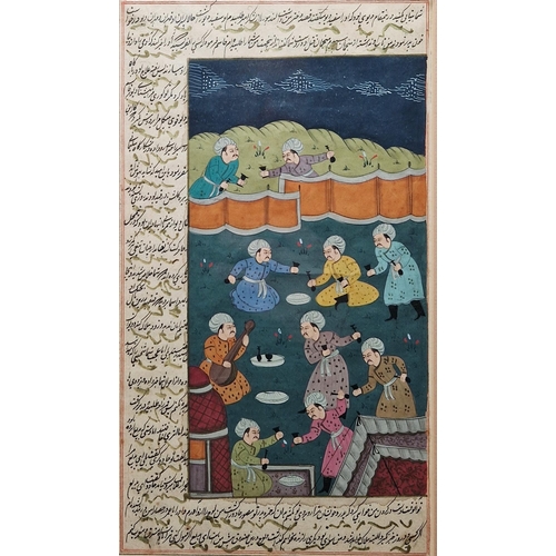 376 - Persian school, 
 Two gouache illuminated manuscripts
 Each depicting figures carrying implements, o... 