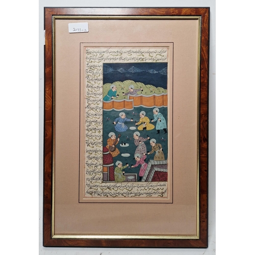 376 - Persian school, 
 Two gouache illuminated manuscripts
 Each depicting figures carrying implements, o... 