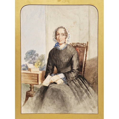 378 - 19th century British School. 
 Watercolour on paper
 A pair of three-quarter length portraits of Mrs... 