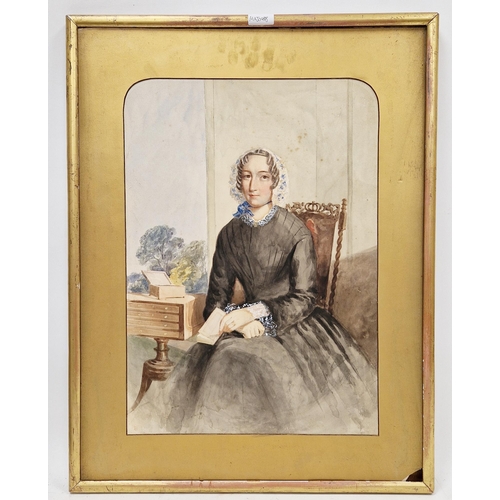 378 - 19th century British School. 
 Watercolour on paper
 A pair of three-quarter length portraits of Mrs... 