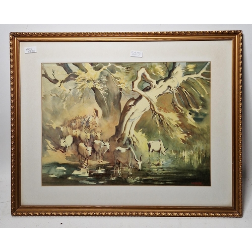 382 - G.D. Paulraj (India, 1914-1989)
 Watercolour
 Herdsman with cattle watering at riverbank, signed low... 